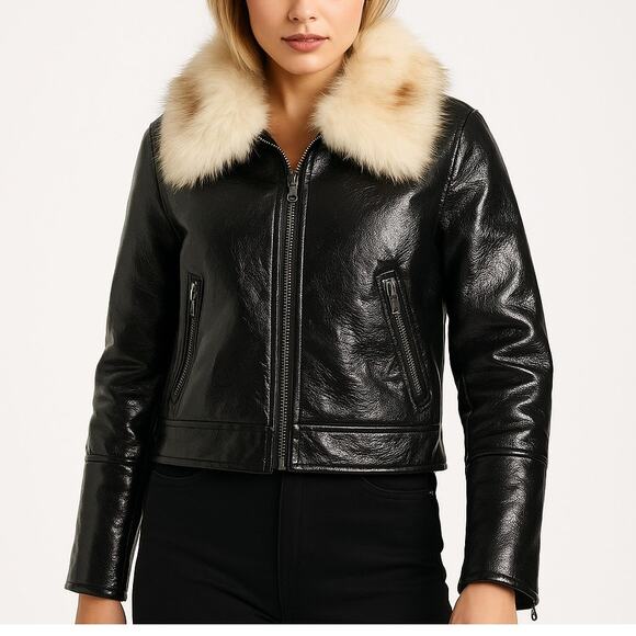 Unreal Fur Wet Look Aviator Jacket Black Faux Leather & Fur Collar Women’s S - Picture 1 of 7